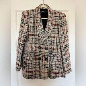 Zara Women's Tweed Plaid Beige Blazer Jacket size XL